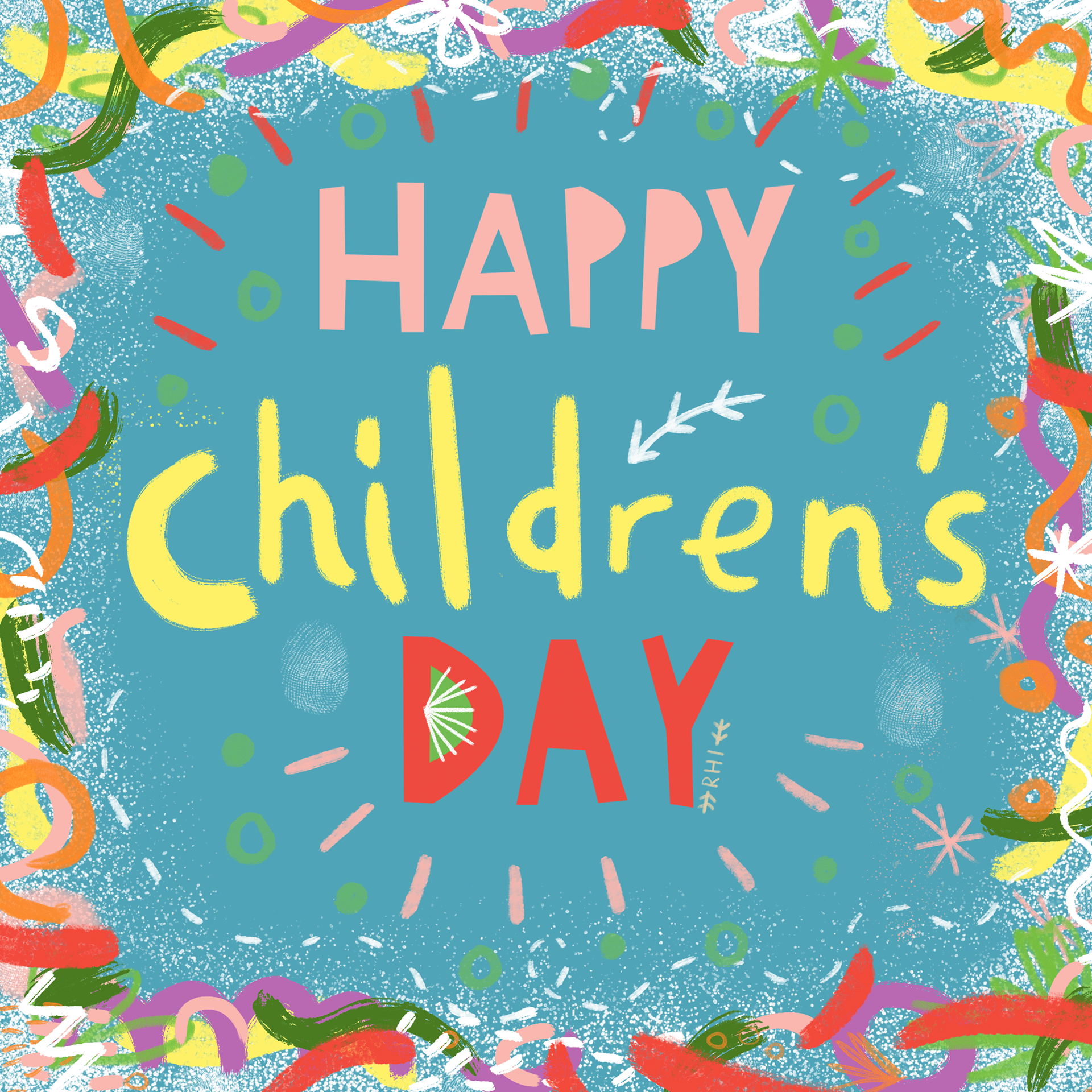 Kolorowy napis na błękitnym tle szczęśliwego dnia dziecka